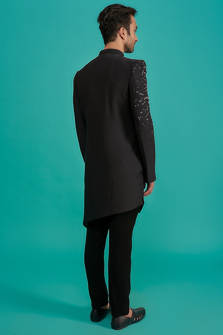 Black Japanese Fabric Embroidered Wedding Indowestern Set by UNIQA at Pernia's Pop Up Shop