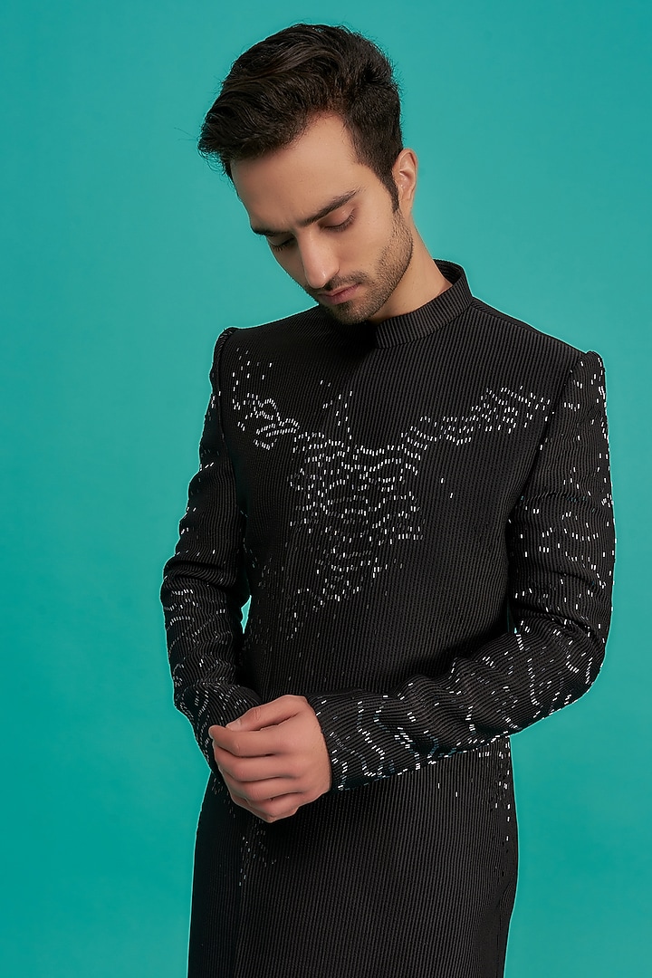 Black Japanese Fabric Embroidered Wedding Indowestern Set by UNIQA at Pernia's Pop Up Shop