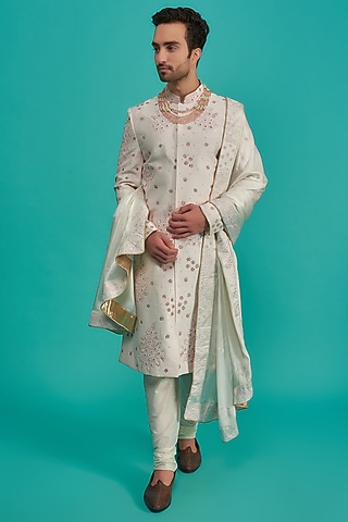 Pink Silk Embroidered Sherwani Set by UNIQA