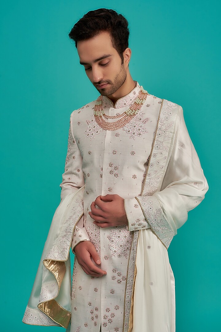 Pink Silk Embroidered Wedding Sherwani Set by UNIQA at Pernia's Pop Up Shop