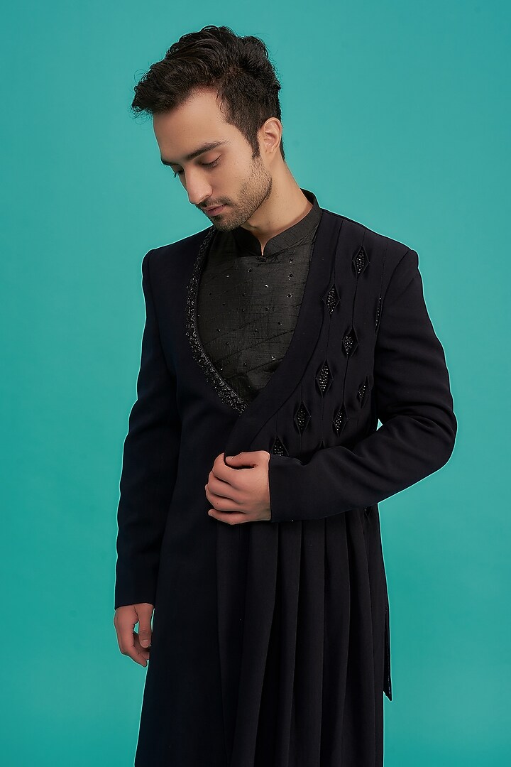 Midnight Blue Japanese Fabric Embroidered Wedding Indowestern Set by UNIQA at Pernia's Pop Up Shop