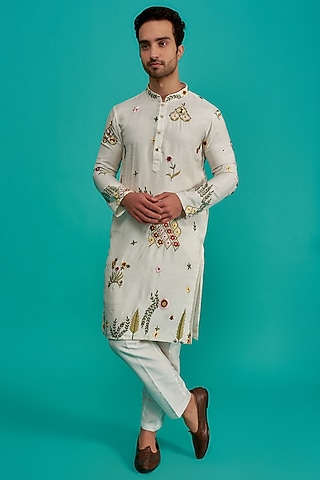 White Silk Embroidered Kurta Set by UNIQA