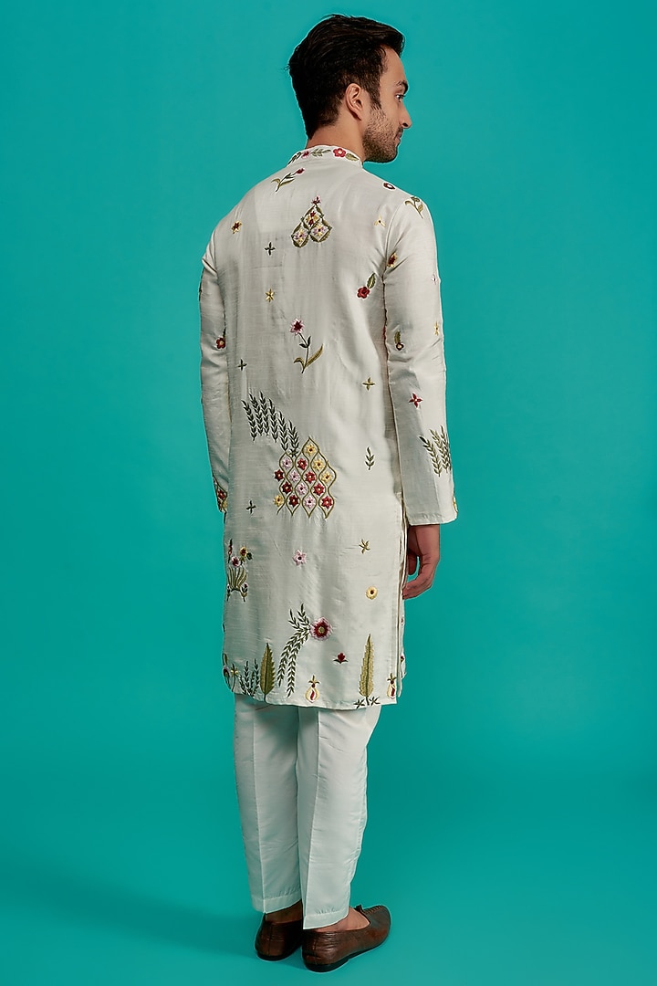 White Silk Embroidered Kurta Set by UNIQA at Pernia's Pop Up Shop