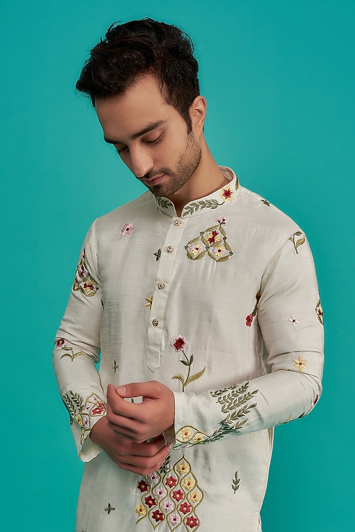 White Silk Embroidered Kurta Set by UNIQA at Pernia's Pop Up Shop