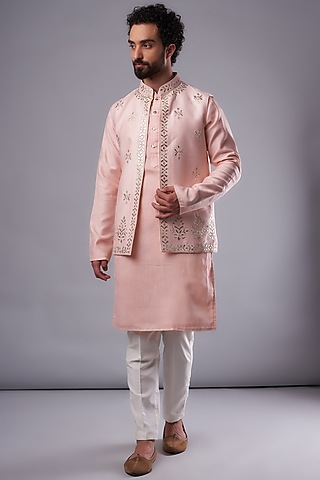 Peach Silk Foil Embroidered Bundi Jacket Set by UNIQA