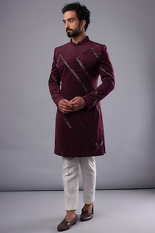 Wine Suede Hand Embroidered sherwani Set by UNIQA