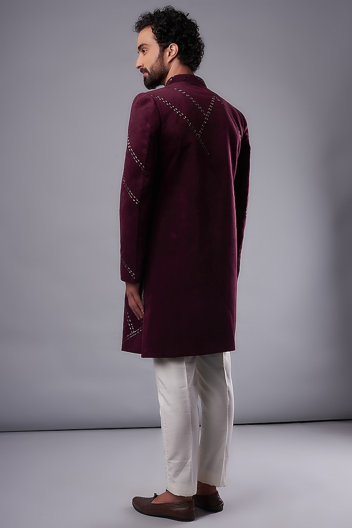 Wine Suede Hand Embroidered Wedding Sherwani Set by UNIQA at Pernia's Pop Up Shop