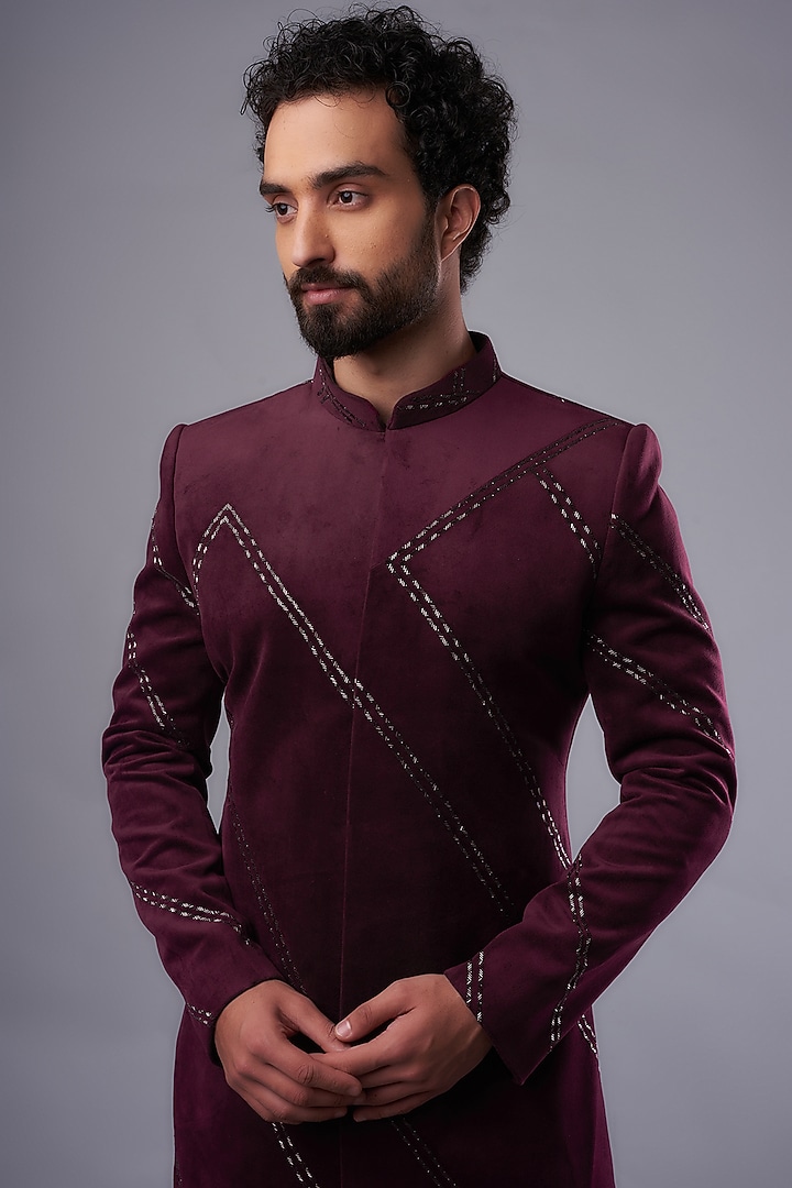 Wine Suede Hand Embroidered Wedding Sherwani Set by UNIQA at Pernia's Pop Up Shop
