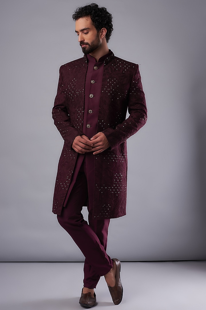 Maroon Silk Hand Embroidered Indo-Western Set by UNIQA