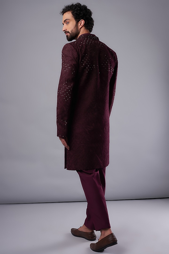 Maroon Silk Hand Embroidered Indo-Western Set by UNIQA at Pernia's Pop Up Shop