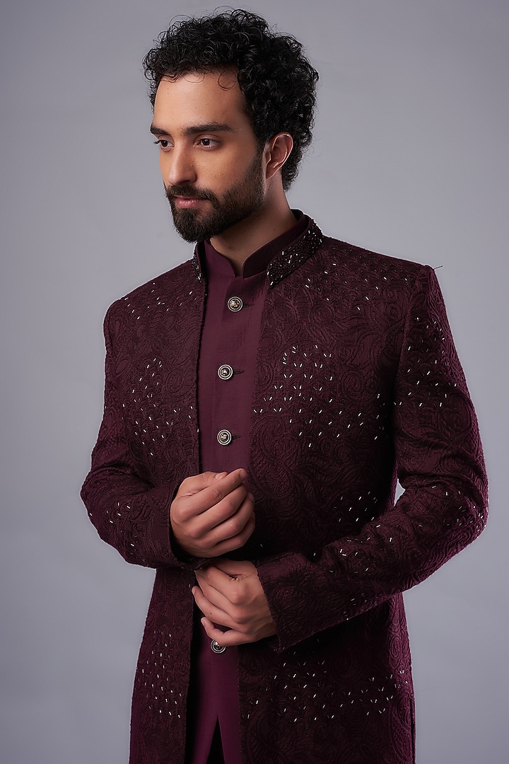Maroon Silk Hand Embroidered Indo-Western Set by UNIQA at Pernia's Pop Up Shop