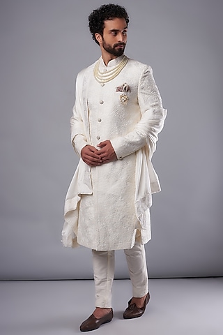 Cream Silk Hand Embroidered Sherwani Set by UNIQA