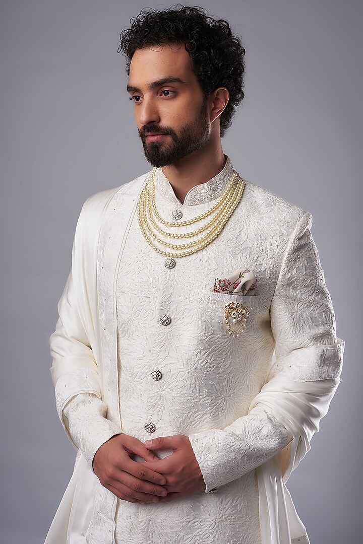 Cream Silk Hand Embroidered Wedding Sherwani Set by UNIQA at Pernia's Pop Up Shop