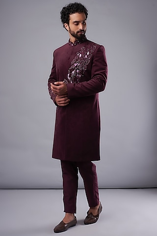 Wine Suede Hand Embroidered sherwani Set by UNIQA