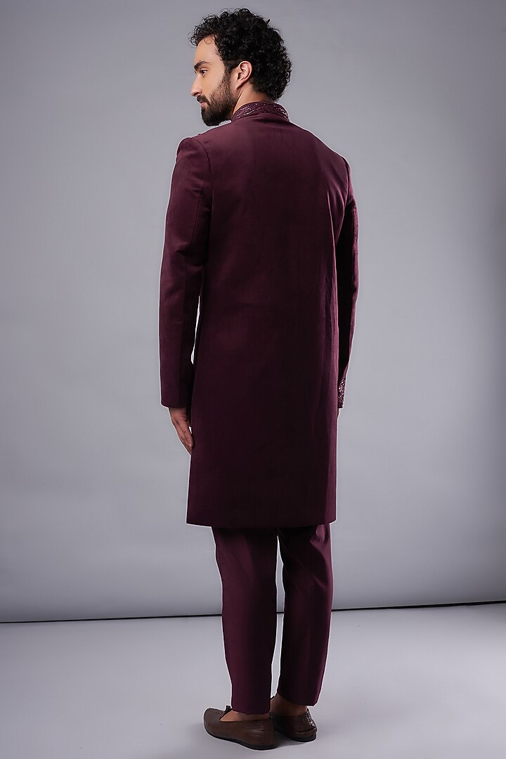 Wine Suede Hand Embroidered Wedding Sherwani Set by UNIQA at Pernia's Pop Up Shop