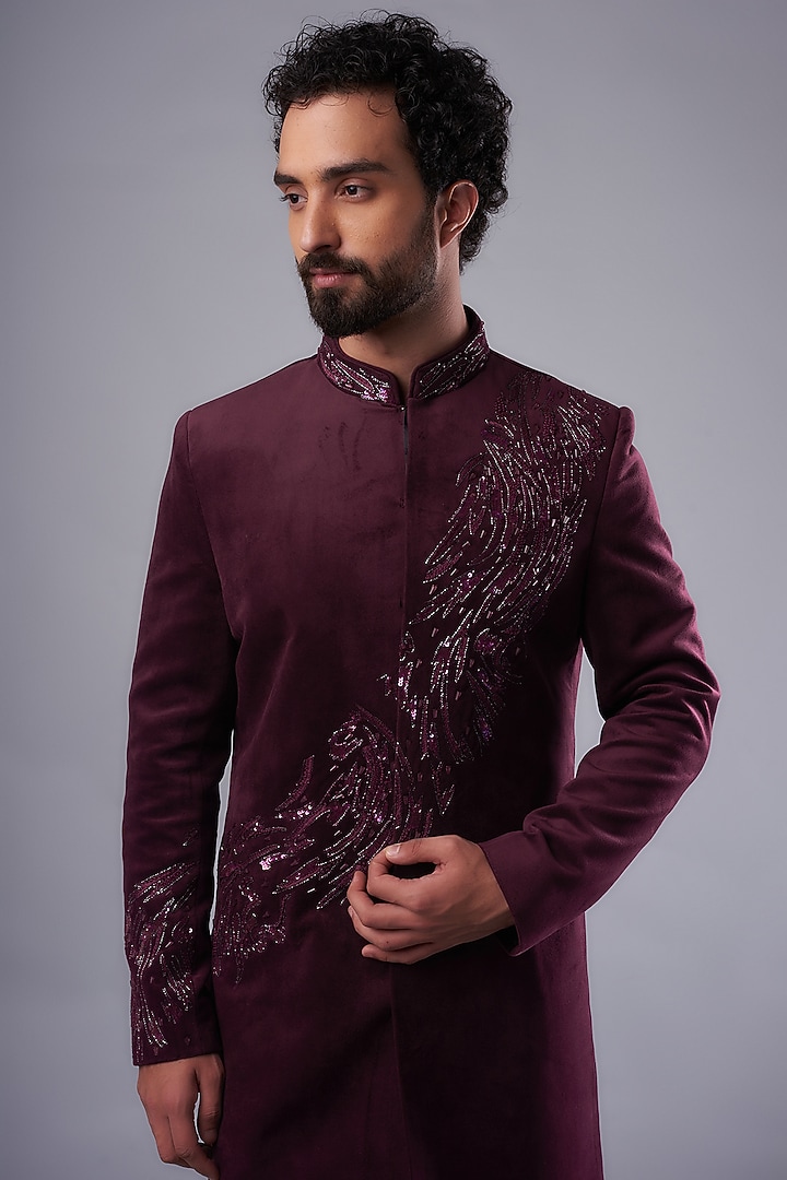 Wine Suede Hand Embroidered Wedding Sherwani Set by UNIQA at Pernia's Pop Up Shop