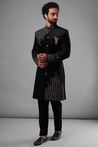 Black Suede Hand Embroidered Sherwani Set by UNIQA