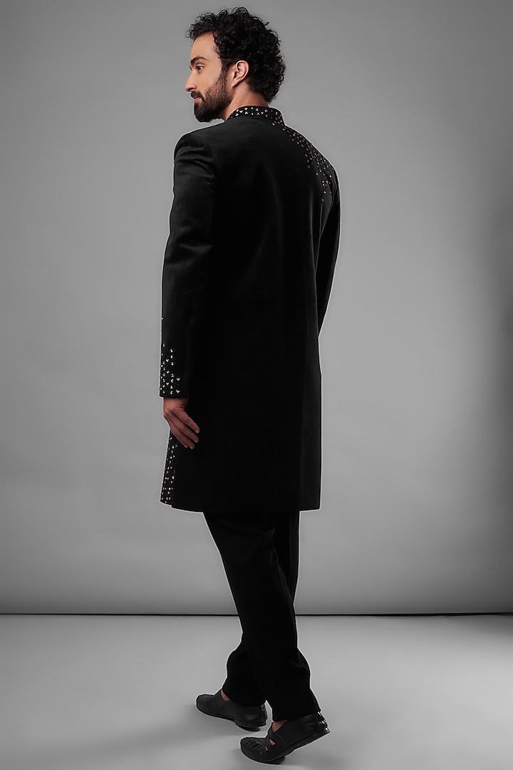 Black Suede Hand Embroidered Wedding Sherwani Set by UNIQA at Pernia's Pop Up Shop