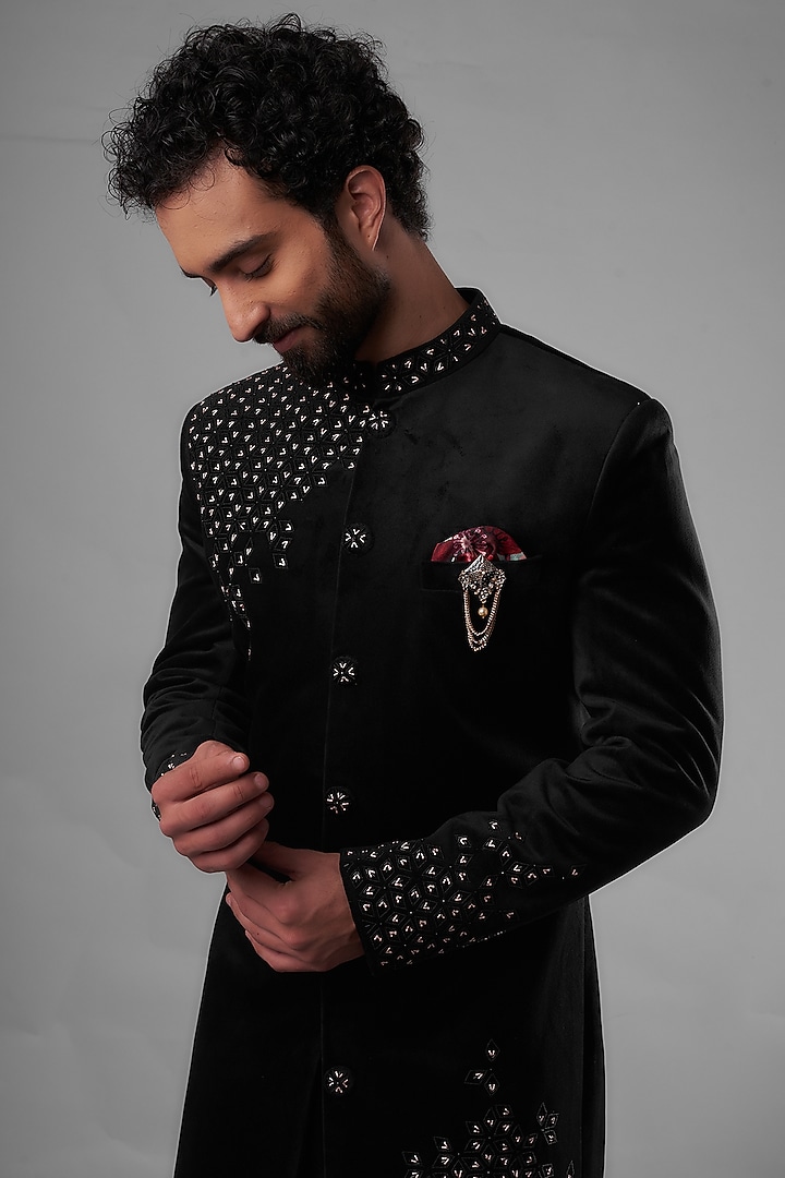 Black Suede Hand Embroidered Wedding Sherwani Set by UNIQA at Pernia's Pop Up Shop