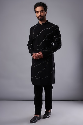 Black Imported Fabric Hand Embroidered sherwani Set by UNIQA