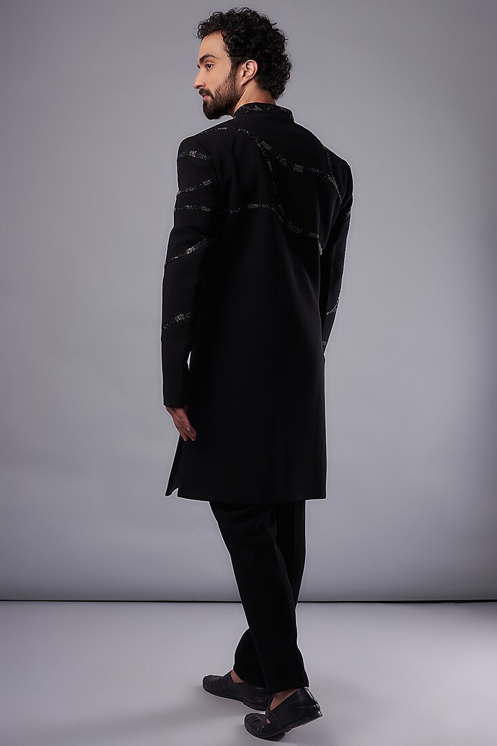 Black Imported Fabric Hand Embroidered Wedding Sherwani Set by UNIQA at Pernia's Pop Up Shop