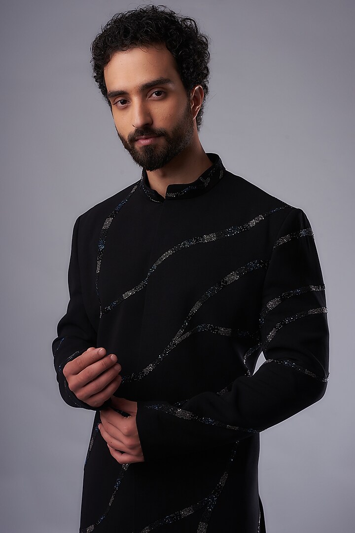 Black Imported Fabric Hand Embroidered Wedding Sherwani Set by UNIQA at Pernia's Pop Up Shop
