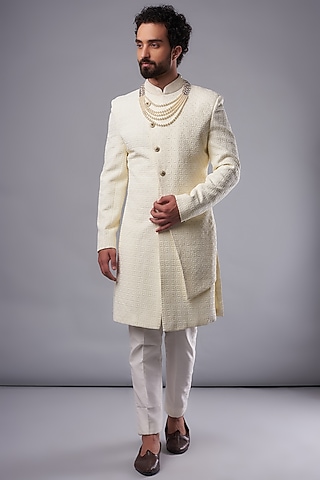 Cream Silk Hand Embroidered Sherwani Set by UNIQA
