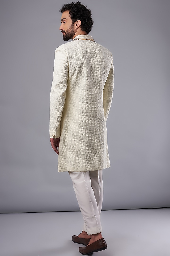 Cream Silk Hand Embroidered Wedding Sherwani Set by UNIQA at Pernia's Pop Up Shop