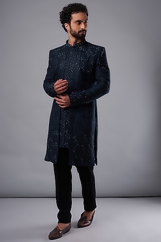 Blue Silk Hand Embroidered Indo-Western Set by UNIQA