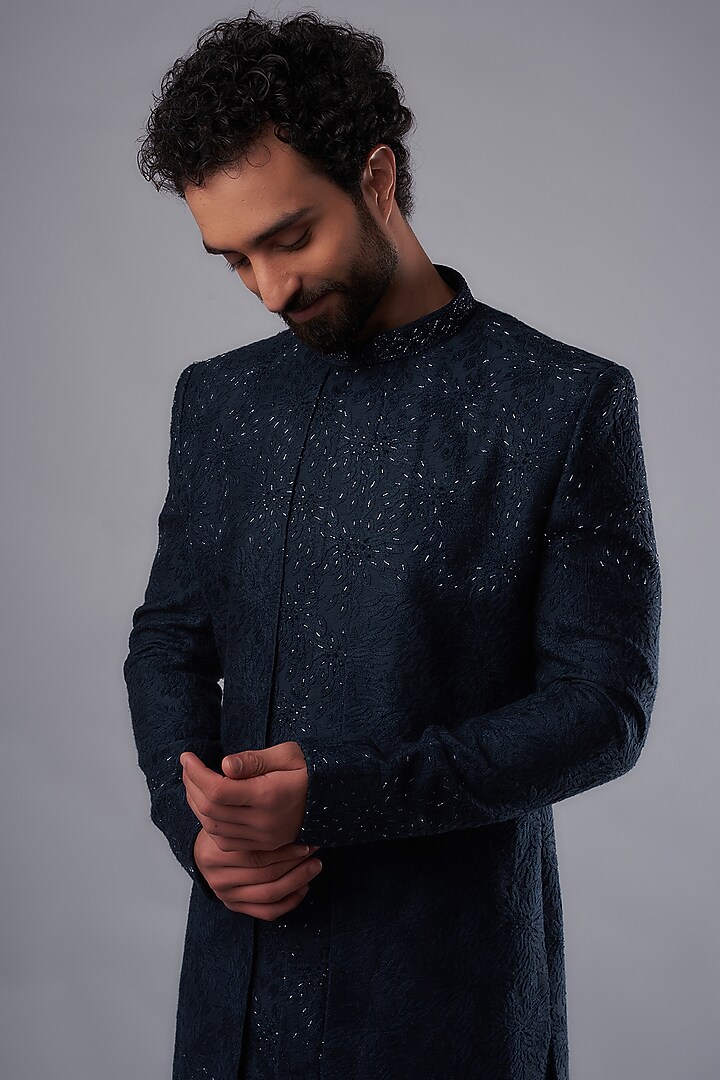 Blue Silk Hand Embroidered Indo-Western Set by UNIQA at Pernia's Pop Up Shop