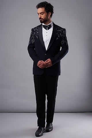 Blue Imported Fabric Hand Embroidered Tuxedo Set by UNIQA