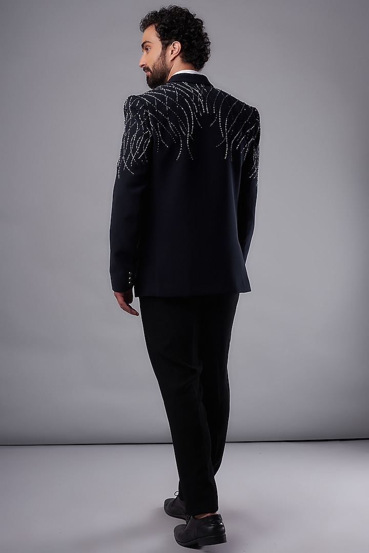 Blue Imported Fabric Hand Embroidered Tuxedo Set by UNIQA at Pernia's Pop Up Shop