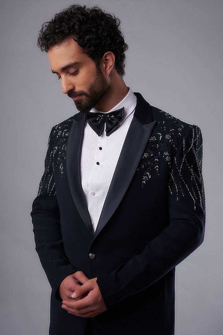 Blue Imported Fabric Hand Embroidered Tuxedo Set by UNIQA at Pernia's Pop Up Shop
