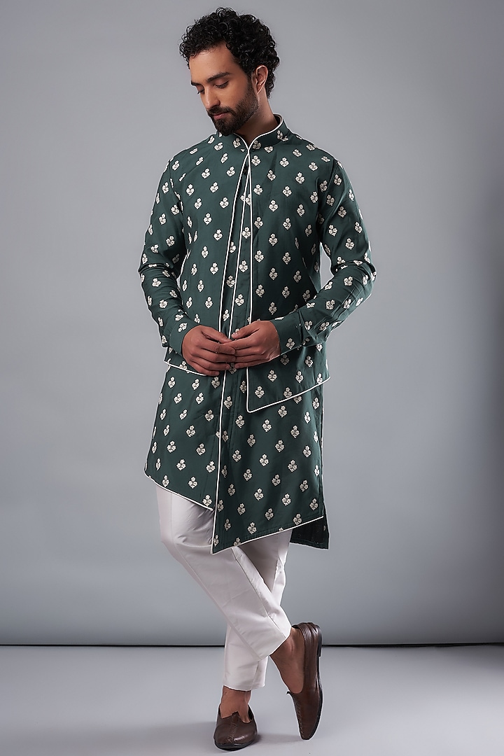 Green Silk Hand Embroidered Bundi Jacket Set by UNIQA