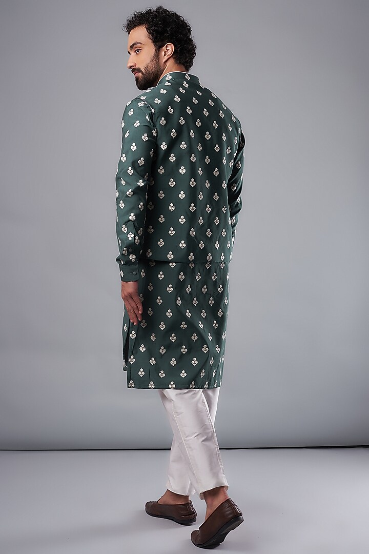 Green Silk Hand Embroidered Bundi Jacket Set by UNIQA at Pernia's Pop Up Shop