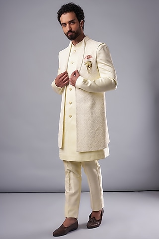 Cream Silk Hand Embroidered Indowestern Set by UNIQA