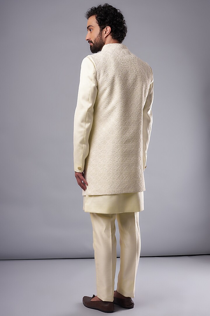 Cream Silk Hand Embroidered Wedding Indowestern Set by UNIQA at Pernia's Pop Up Shop