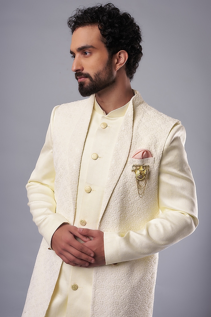 Cream Silk Hand Embroidered Wedding Indowestern Set by UNIQA at Pernia's Pop Up Shop