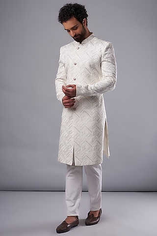 Cream Silk Hand Embroidered Sherwani Set by UNIQA