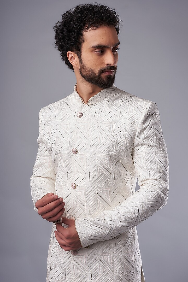 Cream Silk Hand Embroidered Wedding Sherwani Set by UNIQA at Pernia's Pop Up Shop