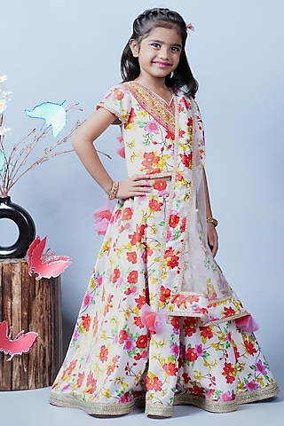 White Net & Santon Floral Printed Lehenga Set For Girls by UNIQ RIYO CREATION