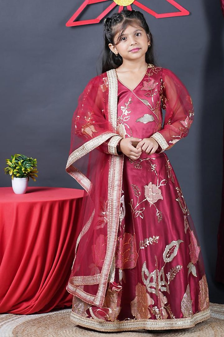 Maroon Net Embroidered Lehenga Set For Girls by UNIQ RIYO CREATION at Pernia's Pop Up Shop