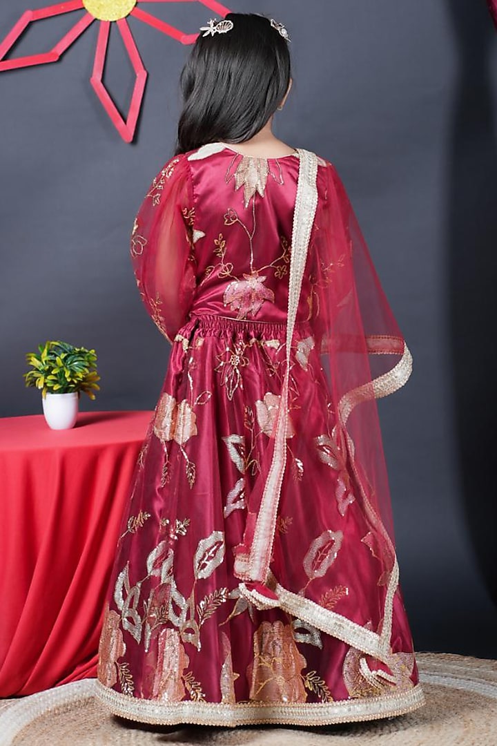 Maroon Net Embroidered Lehenga Set For Girls by UNIQ RIYO CREATION at Pernia's Pop Up Shop
