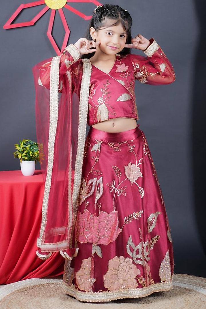 Maroon Net Embroidered Lehenga Set For Girls by UNIQ RIYO CREATION at Pernia's Pop Up Shop