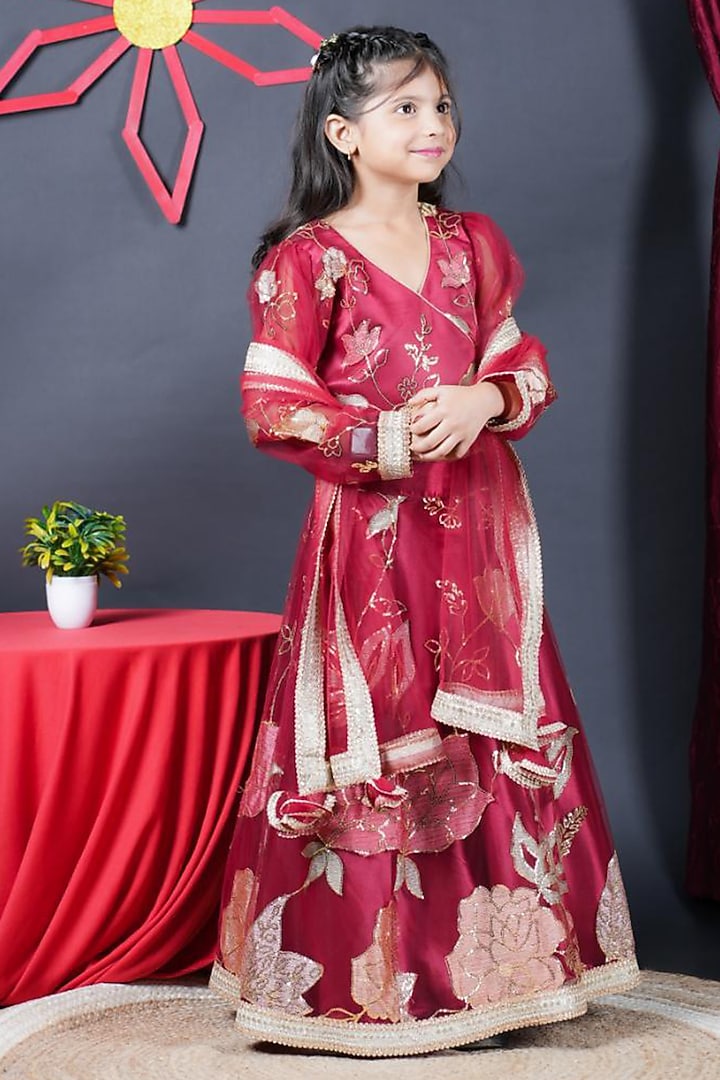 Maroon Net Embroidered Lehenga Set For Girls by UNIQ RIYO CREATION at Pernia's Pop Up Shop