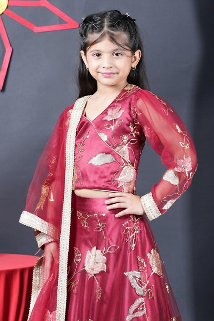 Maroon Net Embroidered Lehenga Set For Girls by UNIQ RIYO CREATION at Pernia's Pop Up Shop
