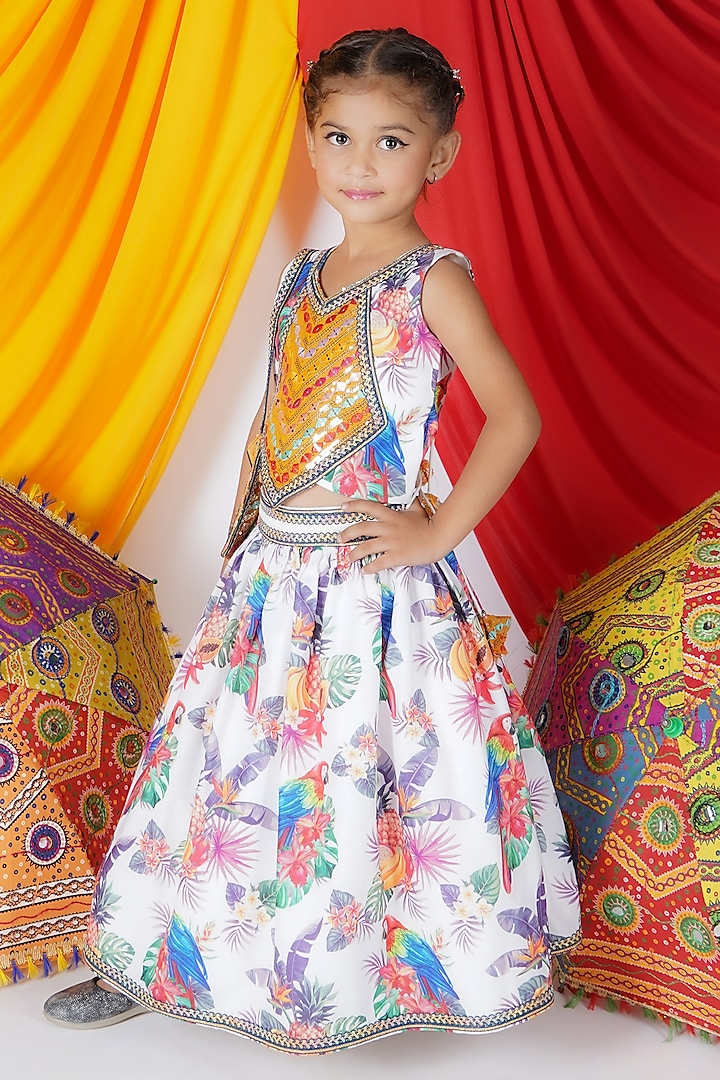 White Cotton Floral Printed Lehenga Set For Girls by UNIQ RIYO CREATION at Pernia's Pop Up Shop