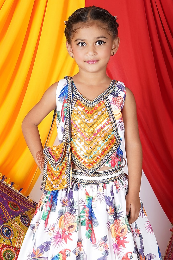White Cotton Floral Printed Lehenga Set For Girls by UNIQ RIYO CREATION at Pernia's Pop Up Shop