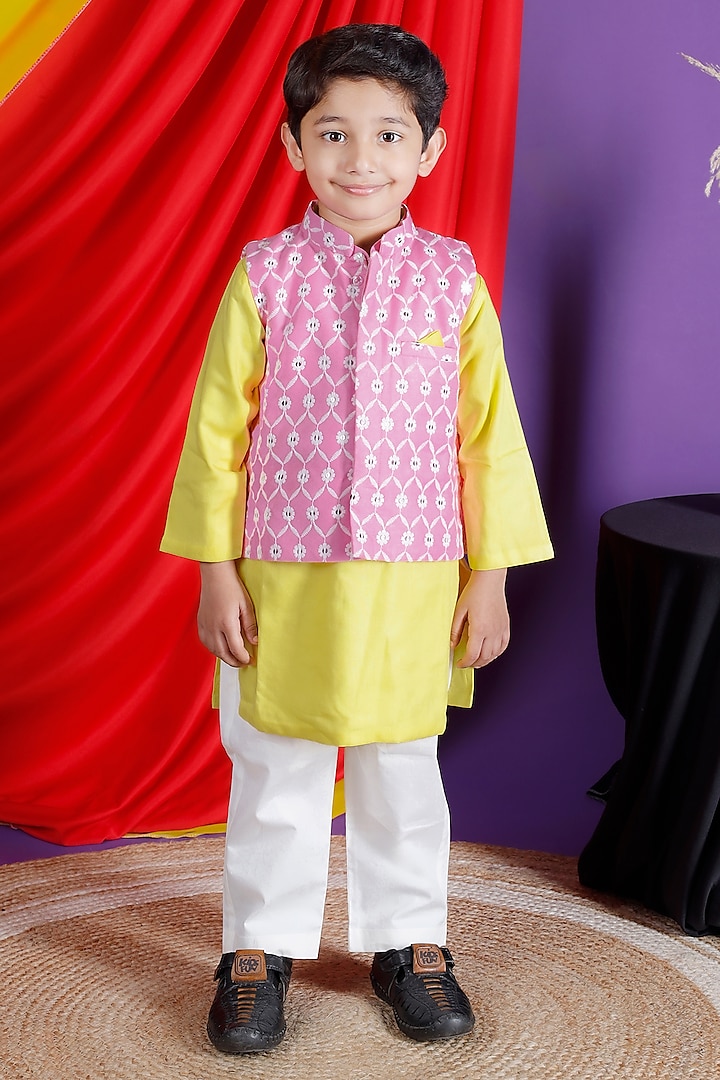 Pink Cotton Nehru Jacket Set For Boys by UNIQ RIYO CREATION