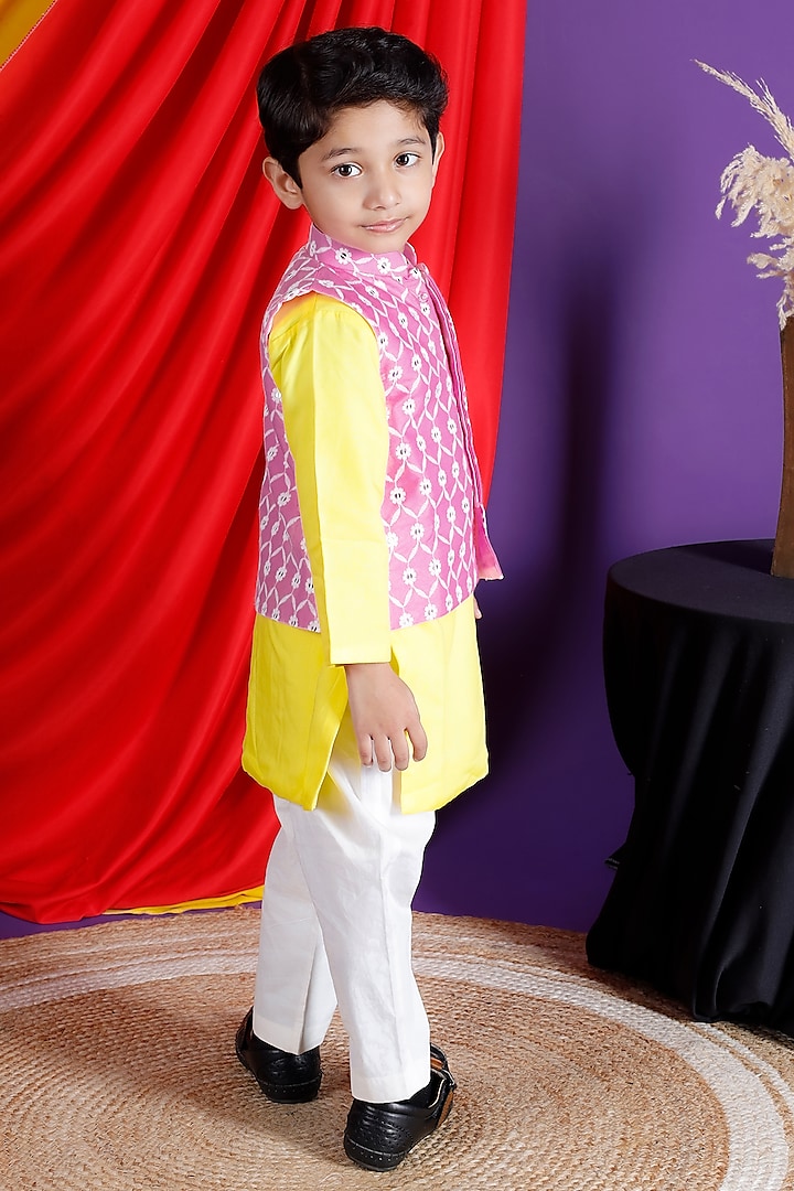 Pink Cotton Nehru Jacket Set For Boys by UNIQ RIYO CREATION at Pernia's Pop Up Shop